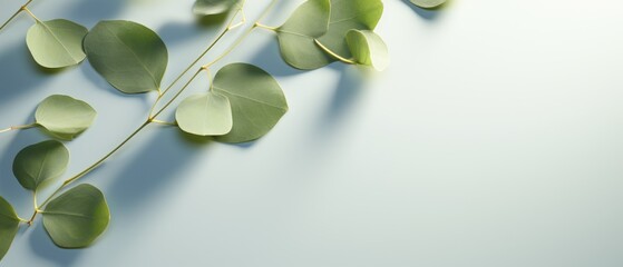 Tranquil Eucalyptus Leaves Arrangement on Light Green Background - Minimalist and Elegant Botanical Composition with Serene Vibes