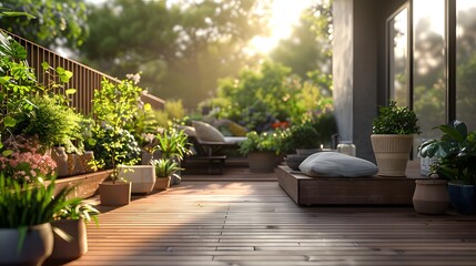 A serene balcony garden with lush plants and comfortable seating illuminated by warm sunlight.