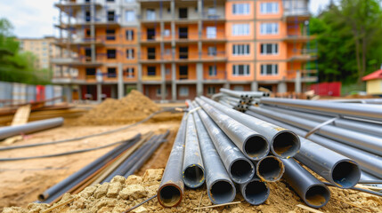 Construction site, PVC pipes for sewerage pipeline, plumbing materials for repair.
