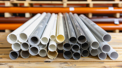 Construction site, PVC pipes for sewerage pipeline, plumbing materials for repair.