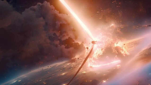 Explosion in space with debris and bright light trail