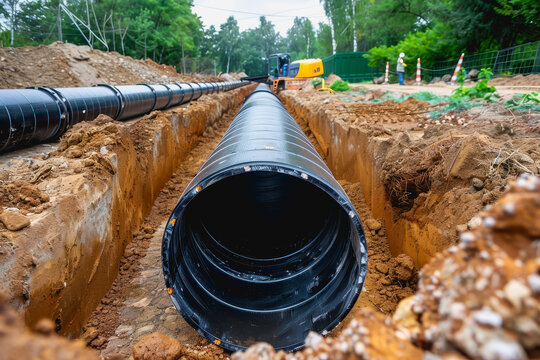 Construction site, PVC pipes for sewerage pipeline, plumbing materials for repair.