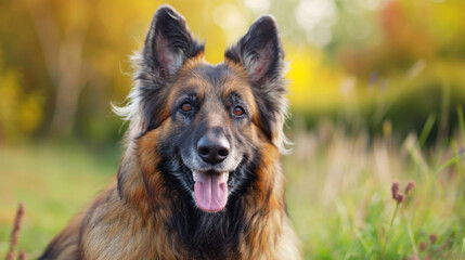 Fototapeta premium A large brown and black dog with a tongue sticking out has time outdoors