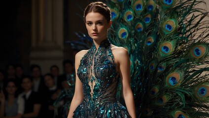 A costume designer inspired by the iridescent hues of peacock feathers, creating a gown that changes color with every movement ai_generated