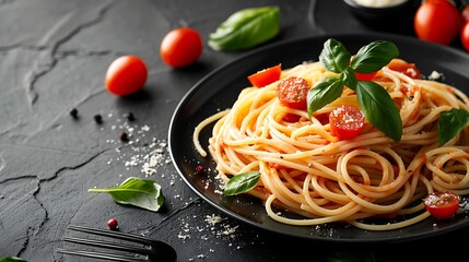 Delicious spaghetti served on a black plate