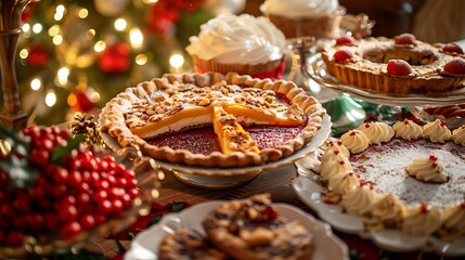 Dessert pie and christmas food on a table for a family celebration dinner with decoration healthy meat and produce luxury holiday feast prepared for event in a dining room at home