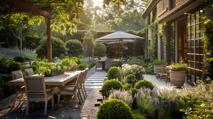 Elegant outdoor patio and garden dining area bathed in warm sunlight during the golden hour 