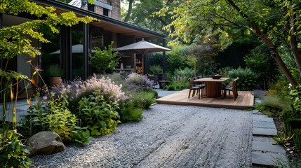 Tranquil backyard garden with dining area and lush greenery enhancing a modern home exterior. 