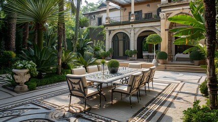 Fototapeta premium Elegant outdoor patio setup at a luxurious villa with lush greenery and intricate tile flooring 