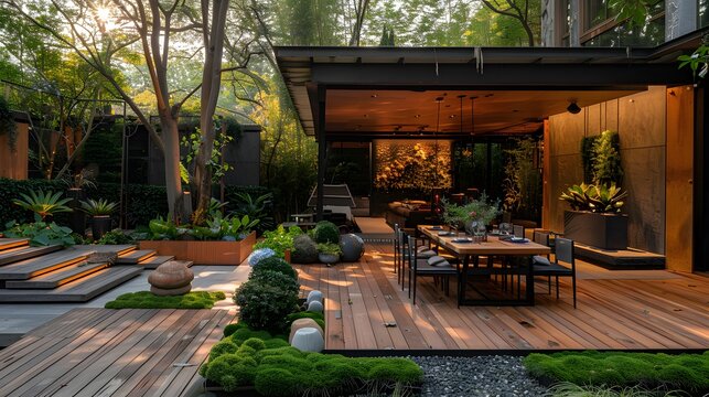 Elegant outdoor residential patio area with modern furniture and lush green landscaping captured at twilight.