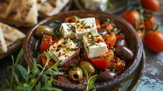 Dish with fresh tomatoes olives organic feta cheese and traditional pita bread crete island greece