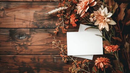 Flat lay autumn bouquet with blank card on wooden surface