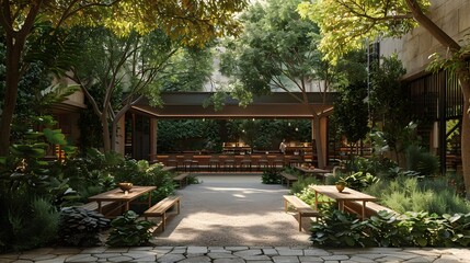 An inviting outdoor communal dining area nestled amidst lush greenery and modern architecture, perfect for relaxation and social gatherings.