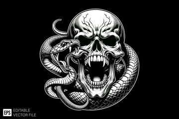 Evil Skull head tied by snake vector illustration design templates