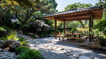Obraz premium A tranquil Japanese garden featuring a wooden gazebo and a stone pathway surrounded by lush greenery and meticulously maintained plants. 
