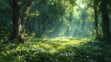 Obraz premium Sunbeams penetrate a lush, green forest, illuminating a carpet of wildflowers.