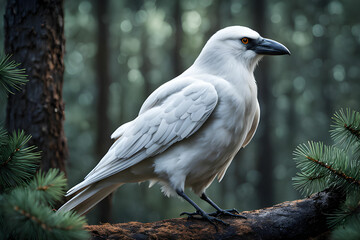 Fototapeta premium Realistic white raven bird perched in a serene forest.