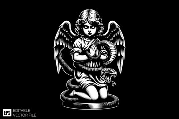 angels girls Praying black and white vector illustration