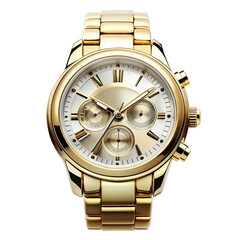 A close-up shot of a gold luxury watch with a white face, Roman numeral hour markers, and a three-subdial chronograph. Generative AI