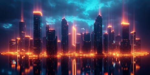 Obraz premium Neon Lights Illuminate a Futuristic Skyline at Dusk in a Modern Cityscape