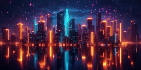 Obraz premium Neon Lights Illuminate a Futuristic Skyline at Dusk in a Modern Cityscape
