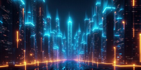 Neon Lights Illuminate a Futuristic Skyline at Dusk in a Modern Cityscape