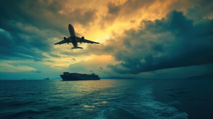Commercial Airplane Flying Over a Cargo Ship at Sunset in the Open Sea