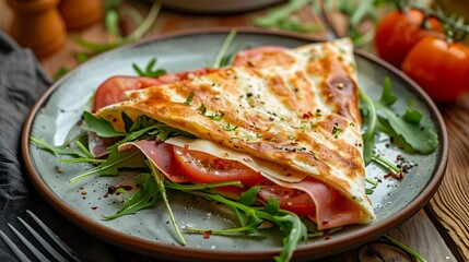 Folded fluffy flatbread sandwich with delicious ingredients prosciutto tomato slices grana cheese and arugula served on a small plate