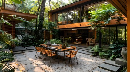Fototapeta premium Modern outdoor dining area with a stylish table set in a lush garden in front of a contemporary home with large windows surrounded by trees 