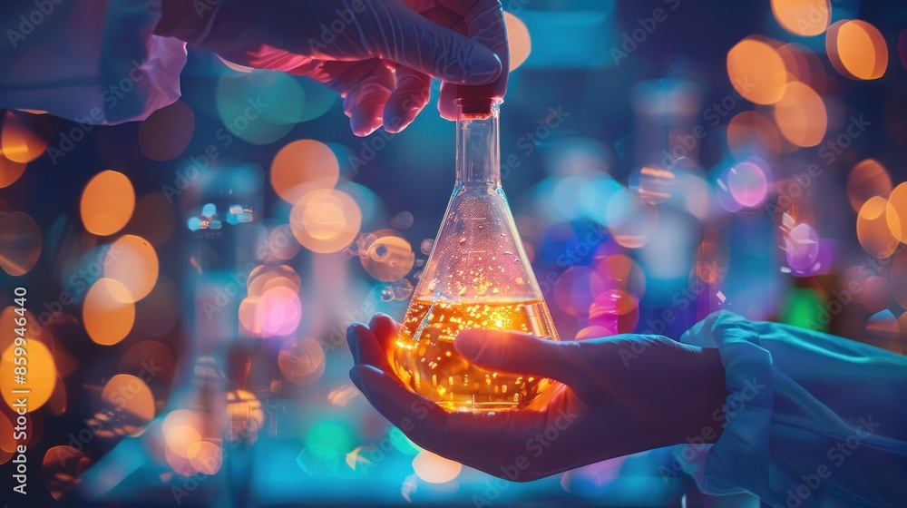 Poster close up of a scientist holding a flask filled with liquid in a laboratory setting