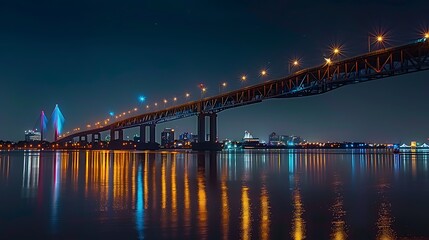 Fototapeta premium Francis scott key bridge and skyline at night with the lights on