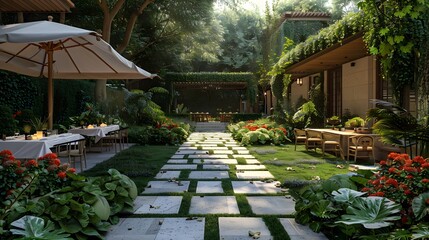 Tranquil garden patio with walking path, lush greenery, and outdoor furniture under a summer umbrella. 
