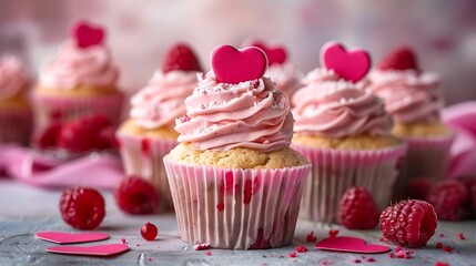 Freshly made raspberry cupcakes on kitchen counter delicious looking pink cupcakes with raspberry and paper heart topping