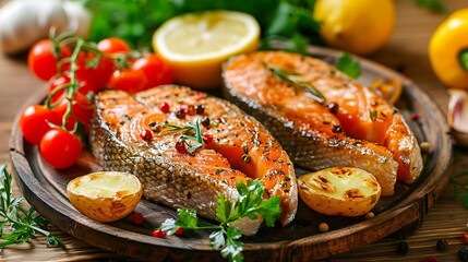Fried salmon steak boiled potatoes and fresh vegetables on wooden background