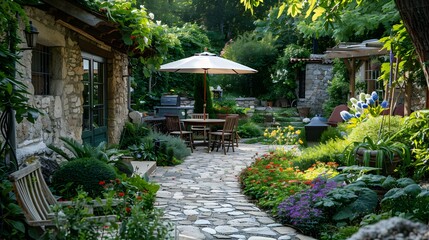 Obraz premium A quaint stone pathway leads through a lush, vibrant garden to a cozy outdoor dining area with a parasol-shaded table and chairs set against a rustic home facade.