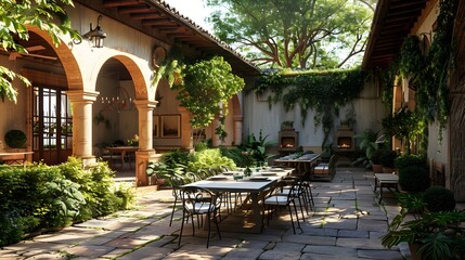 Fototapeta premium Stylish outdoor dining set up in a beautiful lush garden featuring a wooden dining table, chairs, a parasol, and assorted plants with a house in the background.