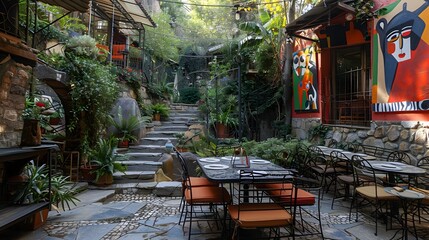 Cozy outdoor restaurant patio with colorful artwork and lush greenery creates an inviting ambience for dining and relaxation 