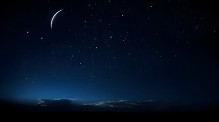 Surreal Night Sky Spectacle: The Mesmerizing Beauty of a Radiant Crescent Moon Against a Twinkling Starlit Backdrop