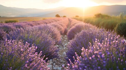 Obraz premium Tranquil Sunset Stroll: Lavender Field Pathway for Relaxation and Wellness