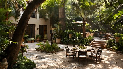 Obraz premium Modern outdoor dining patio in a lush green garden with contemporary furniture embracing a serene environment