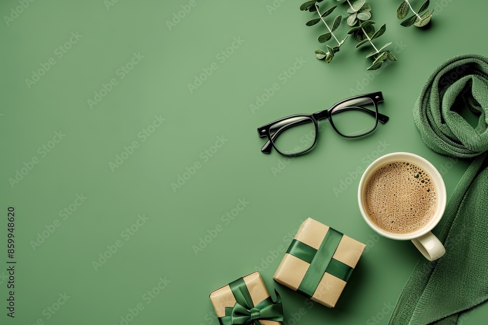 Wall mural Happy Fathers Day greeting card template. Flat lay composition with gift box, coffee cup, tie, glasses on green background