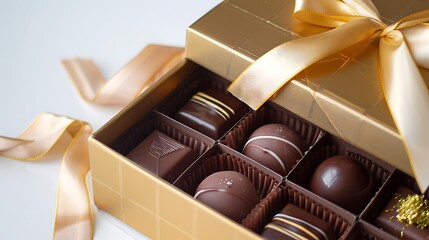 Handmade chocolate bonbons in golden gift box and ribbon