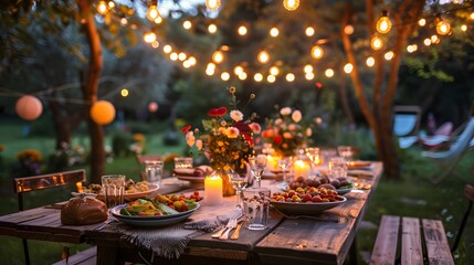 Elegant outdoor summer dinner party set up in a lush garden with a long table, glowing lights, and happy friends enjoying the evening