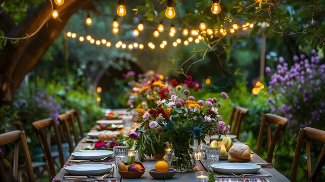 Lavish summer dinner party setup under a decorated pergola in a lush garden with beautifully arranged dining table, fairy lights and hanging lanterns.