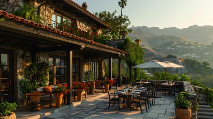 An idyllic French countryside restaurant exterior with a vibrant red canopy sitting amidst lush greenery under a clear sunny sky.