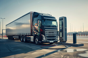 Modern electric truck charging at a urban station, people observing.