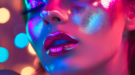 High fashion model metal silver lips and face woman in colorful bright neon UV blue and purple lights posing in studio beautiful girl glowing makeup colorful makeup Glitter Bright Neon : Generative AI