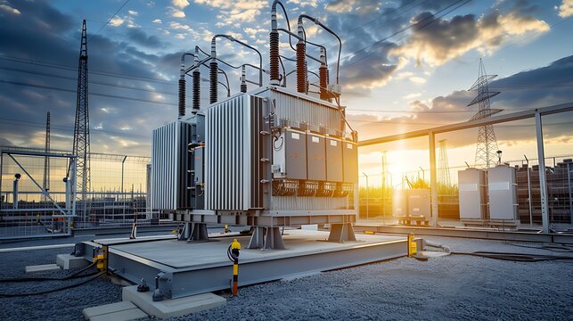 High voltage power transformer in substation general view to high voltage substation with switches sunny day