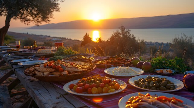 Family enjoying a Shabbat dinner with traditional Jewish cuisine by the Sea of Galilee at sunset time.