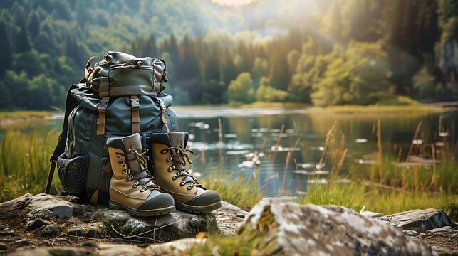 hiking backpack and boots outdoors